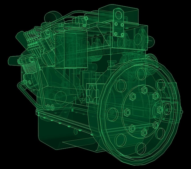 Большой дизельный двигатель с грузовиком, изображенным контурными линиями на миллиметровой бумаге
