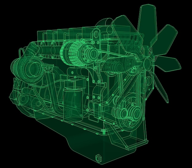 A big diesel engine with the truck depicted in the contour lines on graph paper