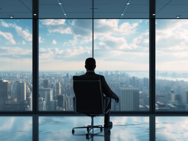 A big director in a chair against the backdrop of panoramic windows in a penthouse Business situation AI generative