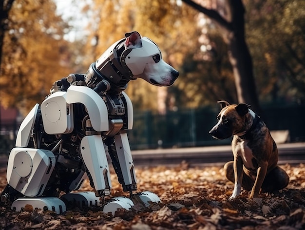 Big Dog Robot And Real Dog Playing In Park