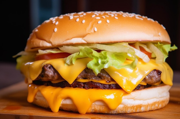 Foto grande doppio cheeseburger con pollo e bevande fredde .