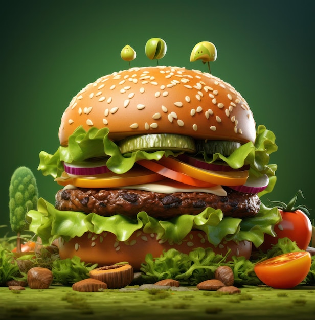 A big double hamburger with lettuce leaves on a green background