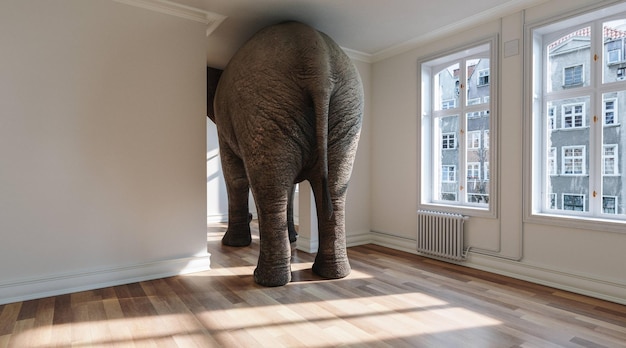 Big elephant in apartment as a funny lack of space and pet concept image