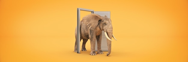 The big elephant enters opened door 3d rendering