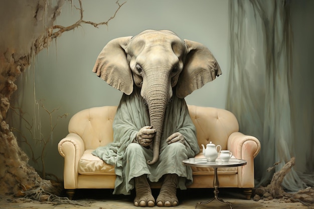 Большой слон, сидящий на диване. Концепция животного. Метафорический идиом для важной или огромной темы.
