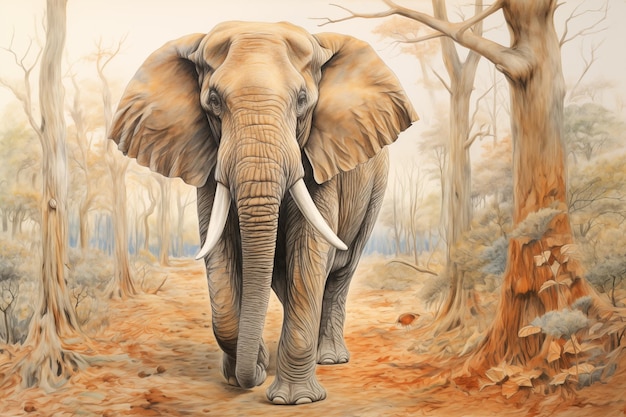 Foto grande elefante che cammina nella foresta disegnato con matite colorate linee evidenziate generative ai