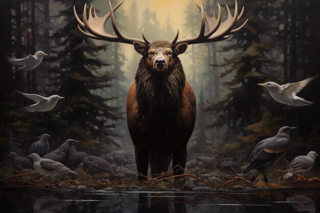 A big elk with large antlers in the forest Ai generated