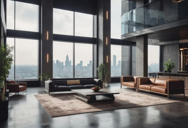 Big empty modern kitchen and living room wooden table big couch and big windows