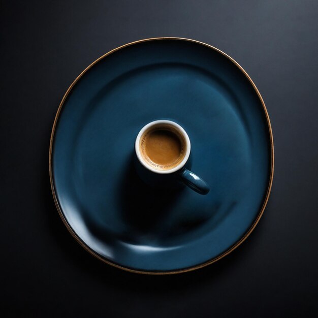 a big Espresso Elegance a blue color plate in the middle of a black background