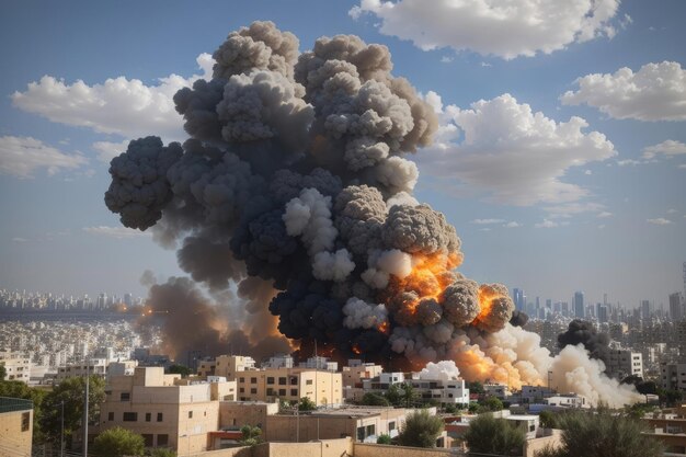 イスラエルのガザ市の背景で大きな爆発