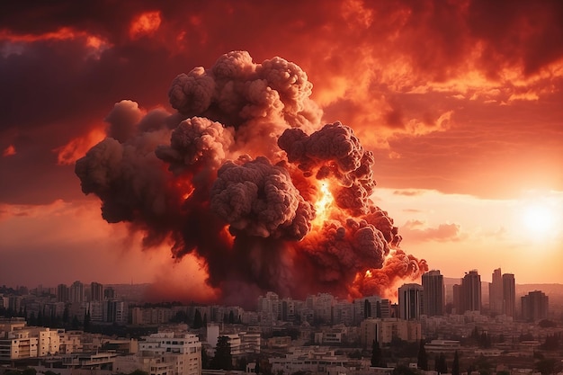 Big explosion on the background of the city in Gaza with red sunset cloudy sky