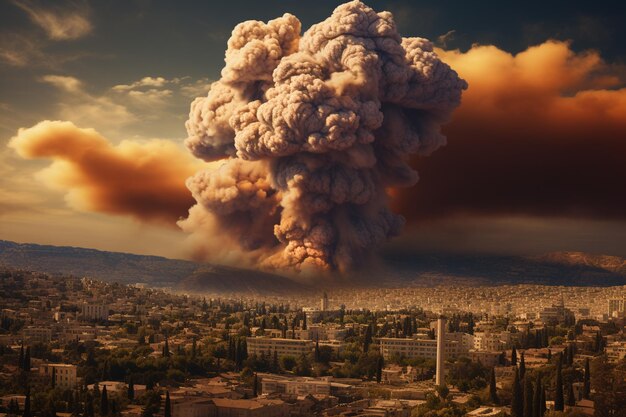 Photo big explosion on the background of the city in israel generative ai