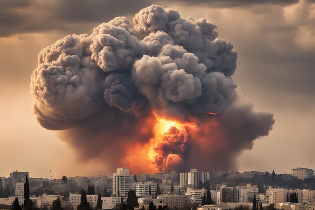 Foto grande esplosione sullo sfondo della città in israele