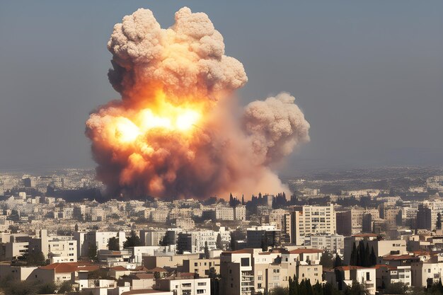 Foto grande esplosione sullo sfondo della città in israele