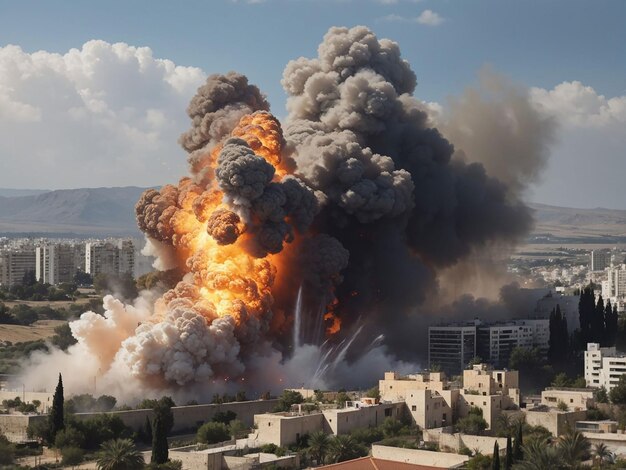 Big explosion on the background of the city in israel