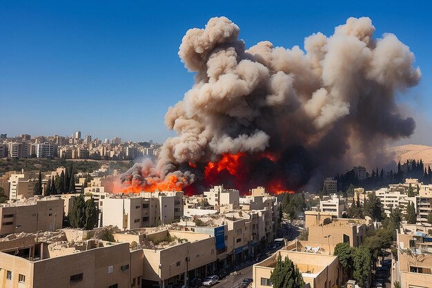 Big explosion on the background of the city in israel