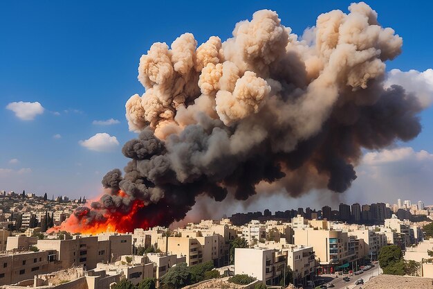 Big explosion on the background of the city in israel