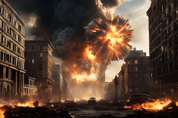 Big explosion on the background of the city