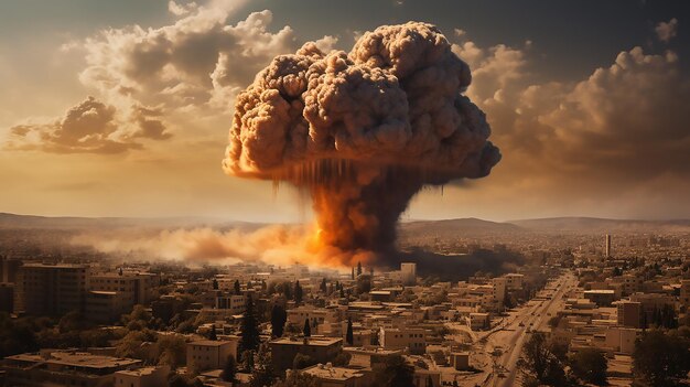 Большой взрыв пролетел над городом в Израиле. Взрыв голубой атмосферы с взрывающимся зданием и клубами дыма.