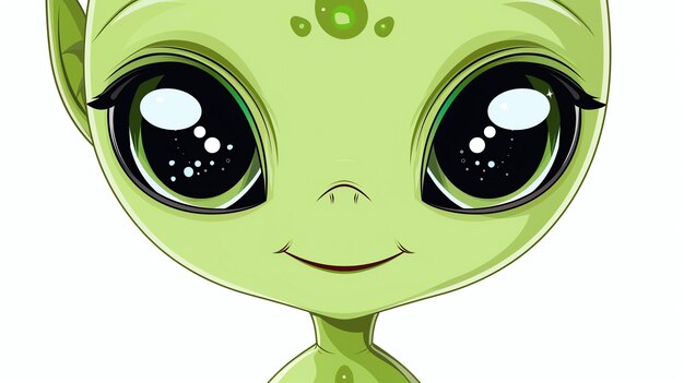 Photo big eyed green alien with a friendly smile the alien has three dots on its forehead and is looking at the viewer with its large black eyes