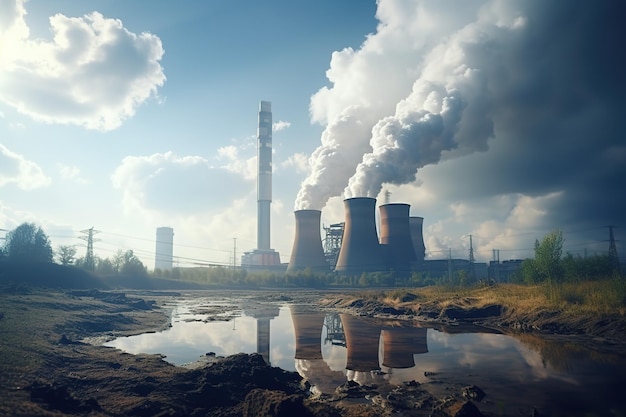 Большая фабрика или электростанция загрязняют природу Экологическая концепция ландшафт