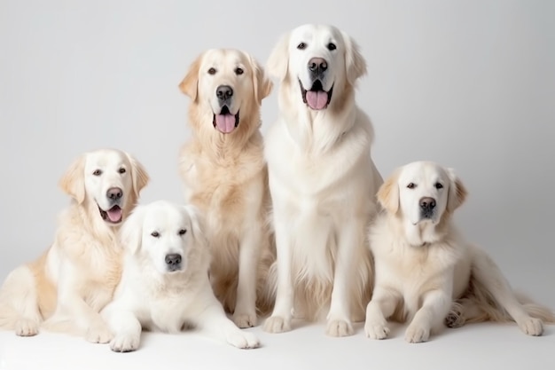 큰 가족 영어 크림 골든 리트리버 귀여운 장난 강아지 또는 순종 애완 동물 포즈 귀여운 흰색 배경에 고립 보인다