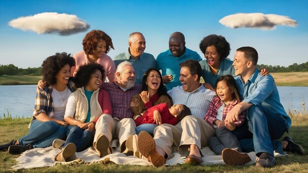 Photo big family near lake