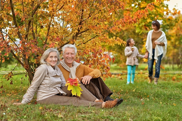 Grande famiglia in un picnic in autunno