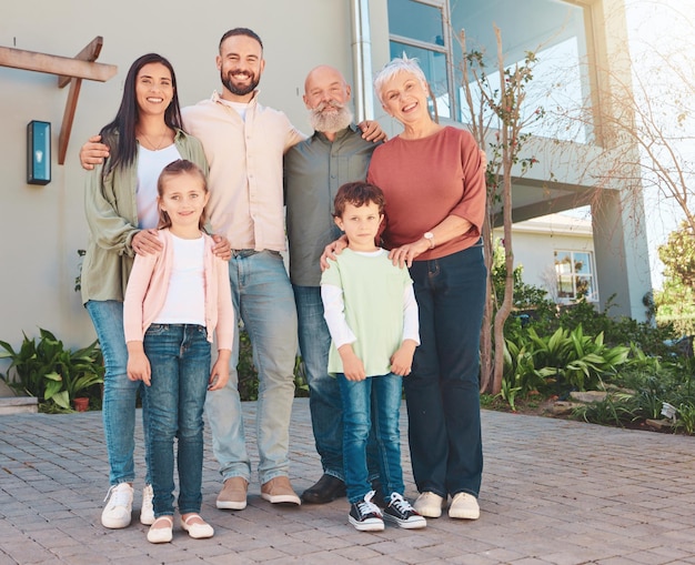 Big family portrait and backyard with grandparents kids and happiness for holiday with hug love or bonding Senior man woman and couple with children with excited face outdoor or happy in summer