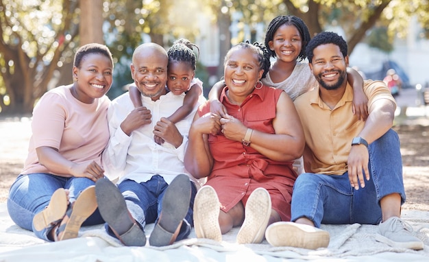 Big family portrait black people and children grandparents at outdoor park picnic or get together Hug and love of African mother father and kids with senior grandmother and grandfather in Africa