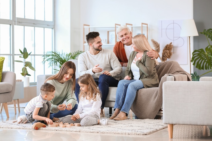 Photo big family spending time together at home