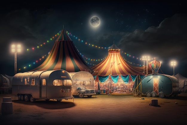 A big and famous bright and colorful circus with an amusement park trailers trucks and motorhomes