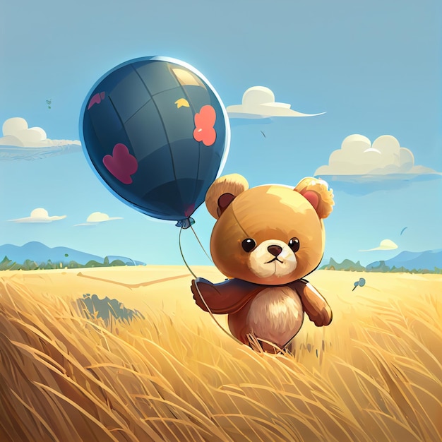 AI が生成した緑の牧草地でボールで遊ぶ大きな太ったクマ