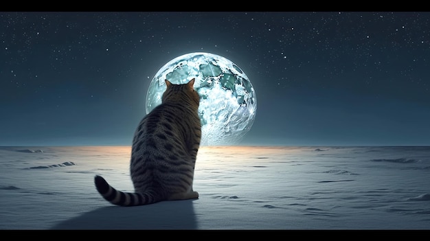 Большая толстая кошка с полной луной
