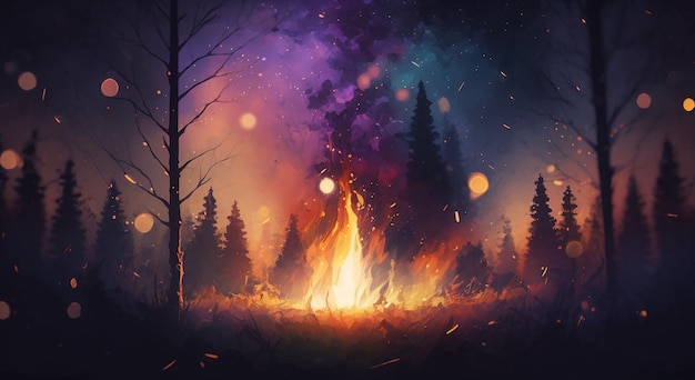 Большой пожар в лесу поздно ночью