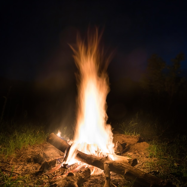 Grande fuoco nel falò arancione di notte