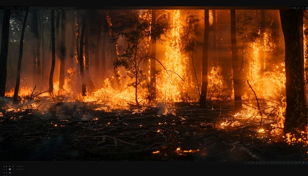 Big fire in the wild forest The flames consume plants and trees Natural disaster catoclysm