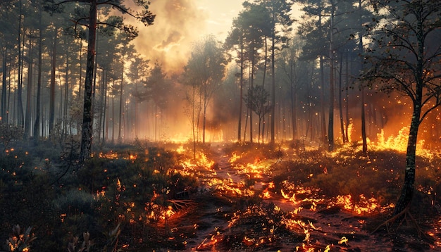 Big fire in the wild forest The flames consume plants and trees Natural disaster catoclysm