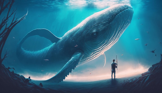 Big fish in the sea with man diving Giant monster Whale fantasy illustration for Game or digital art