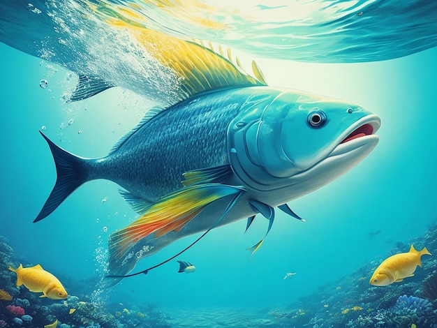 a big fish under water on a bicycle AI generated