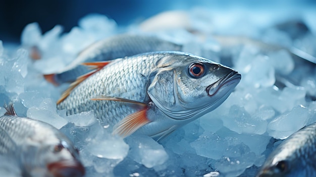 Photo big fresh fish in ice close up