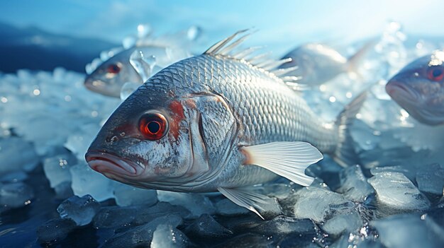 Big fresh Fish in ice close up