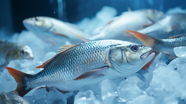 Big fresh Fish in ice close up