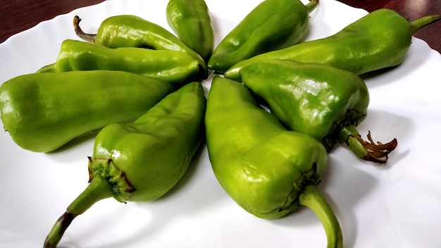 Big and fresh green chilies arranged on a white plate on wooden background