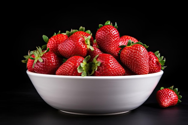 Big fresh strawberries in a white bowl isolated on a black background