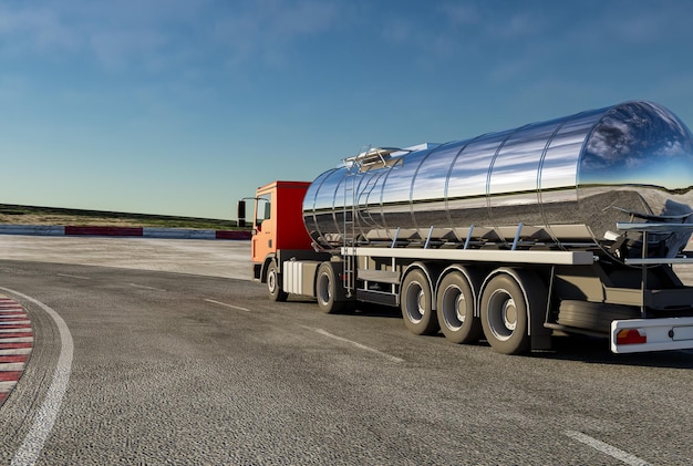 Photo big fuel truck on the road 3d rendering