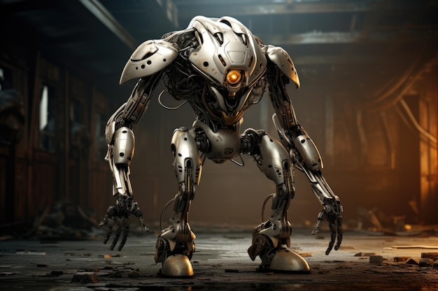 Big futuristic fantastic metal robot with one eye Modern technologies