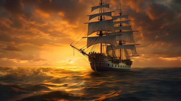 A big giant ship digital painting with sunset