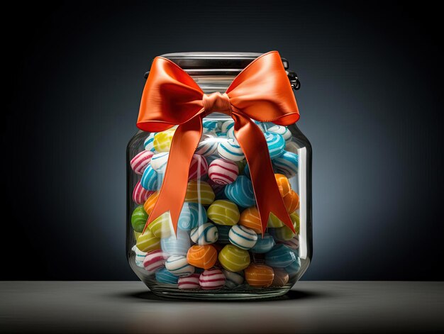 Photo a big glass jar of candy with a ribbon