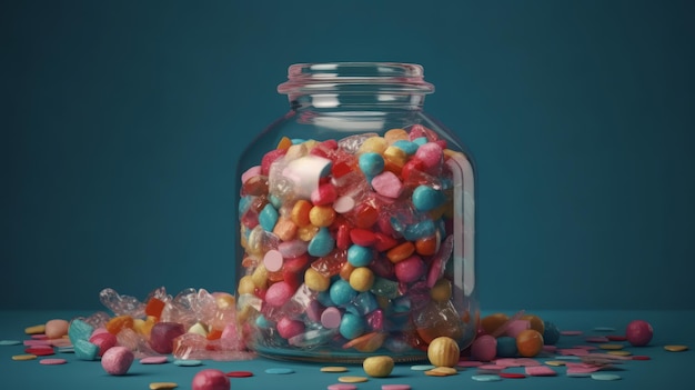 Big glass jars with sweets and lollipops on a blue background Generative ai